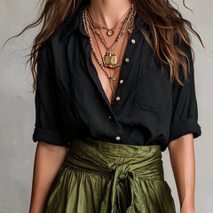 Two-Piece Set: Black T-Shirt and Olive Green Midi Skirt