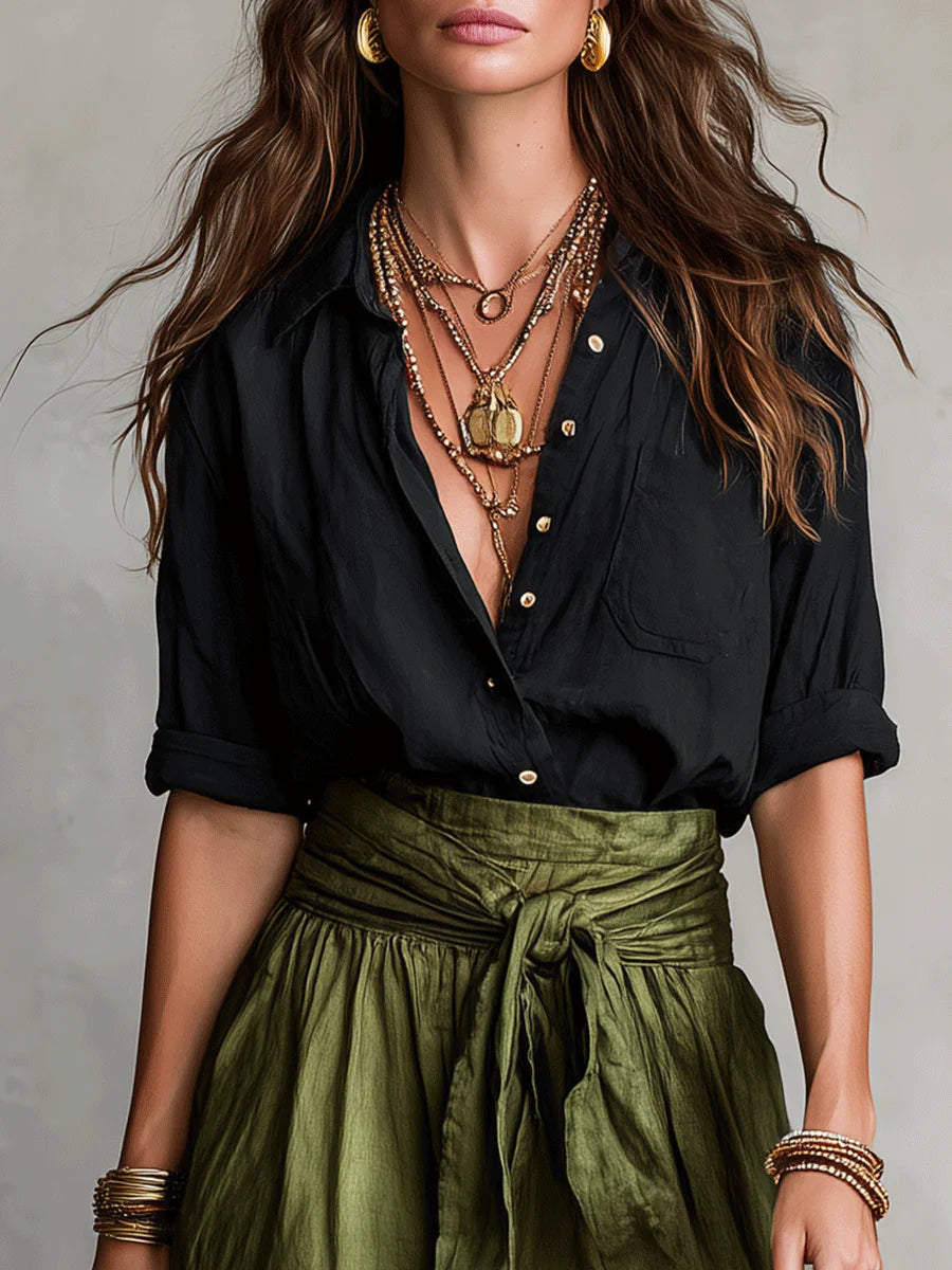 Two-Piece Set: Black T-Shirt and Olive Green Midi Skirt