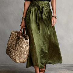 Two-Piece Set: Black T-Shirt and Olive Green Midi Skirt