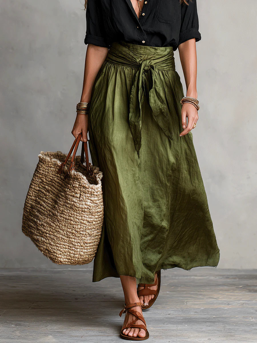 Two-Piece Set: Black T-Shirt and Olive Green Midi Skirt