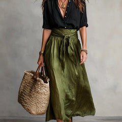 Two-Piece Set: Black T-Shirt and Olive Green Midi Skirt