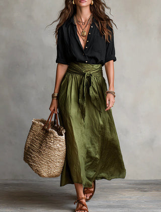 Two-Piece Set: Black T-Shirt and Olive Green Midi Skirt