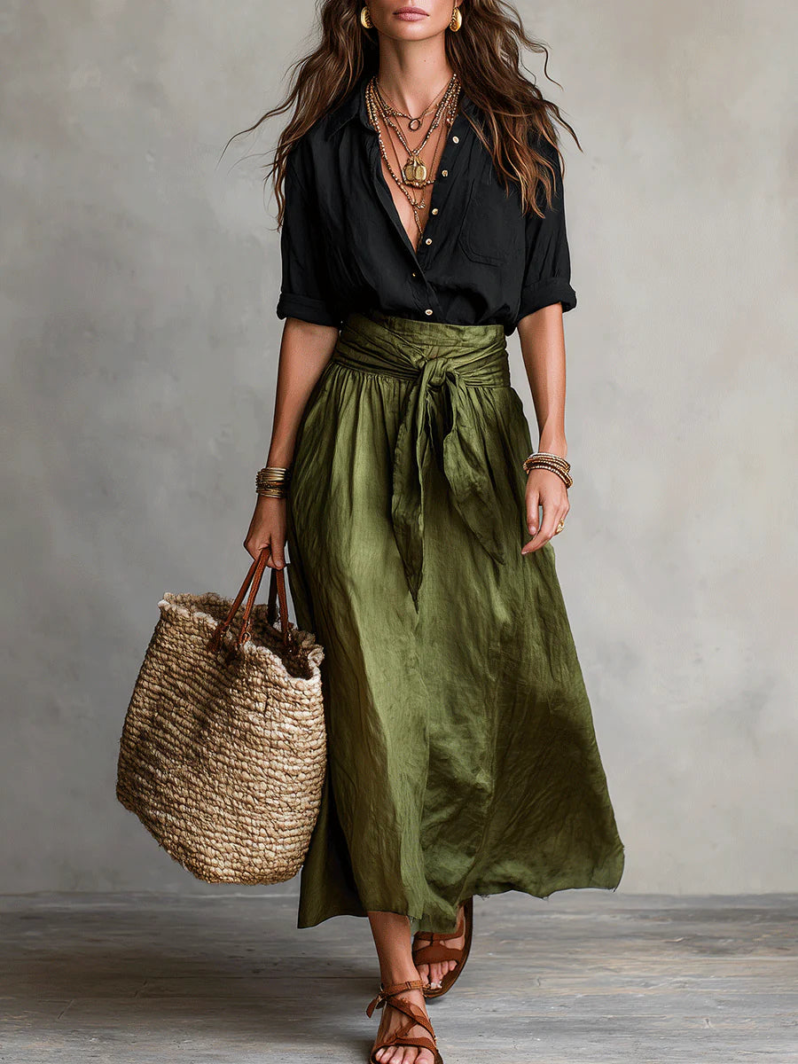 Two-Piece Set: Black T-Shirt and Olive Green Midi Skirt