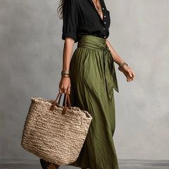 Two-Piece Set: Black T-Shirt and Olive Green Midi Skirt