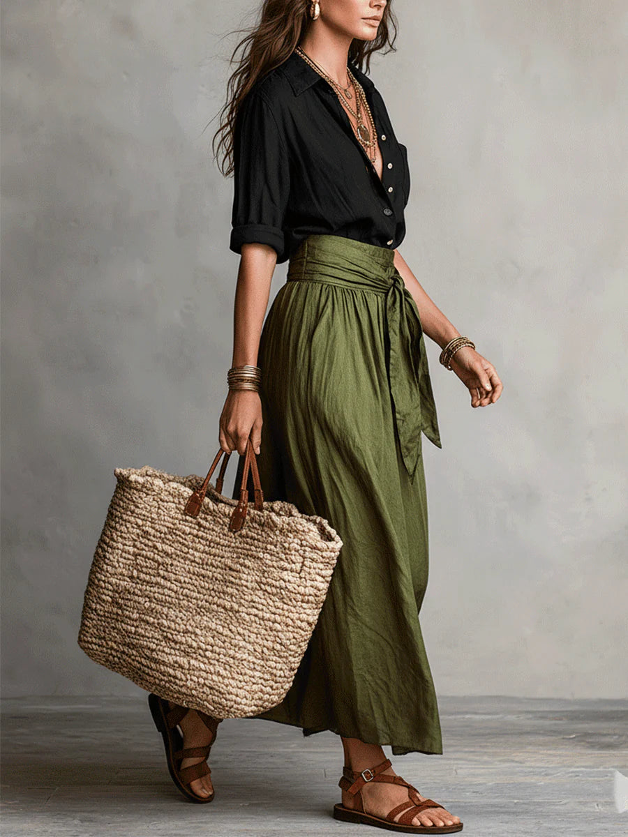 Two-Piece Set: Black T-Shirt and Olive Green Midi Skirt
