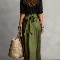 Two-Piece Set: Black T-Shirt and Olive Green Midi Skirt