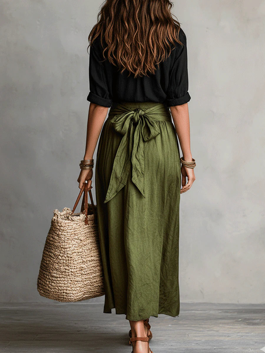 Two-Piece Set: Black T-Shirt and Olive Green Midi Skirt