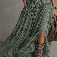 Pleated V-neck maxi dress worn