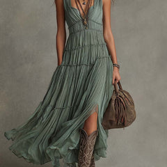 Pleated maxi dress side view