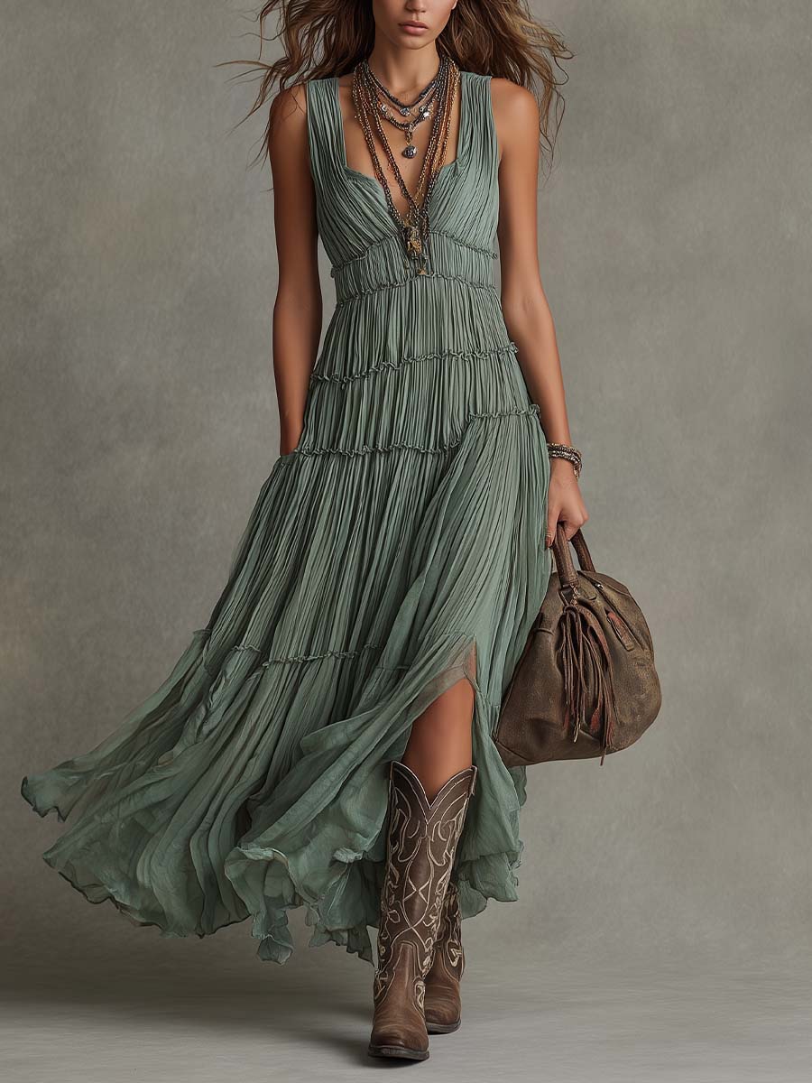 Pleated maxi dress side view