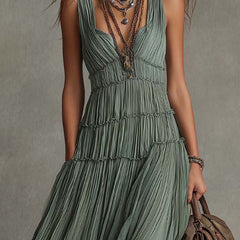 Pleated maxi dress detail of tiered skirt