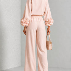 Floral cuff two-piece linen set in blush pink