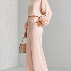 Floral cuff two-piece linen set in blush pink