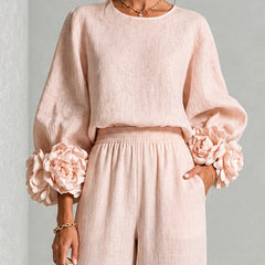 Floral cuff two-piece linen set in blush pink