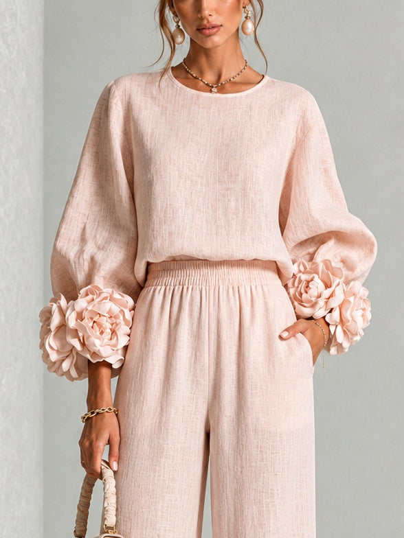 Floral cuff two-piece linen set in blush pink