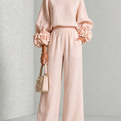 Floral cuff two-piece linen set in blush pink