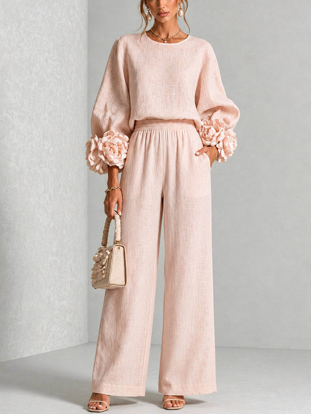 Floral cuff two-piece linen set in blush pink