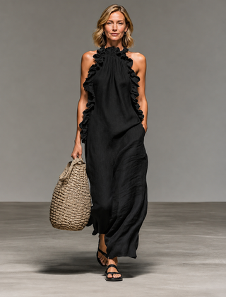Black sleeveless ruffle maxi dress