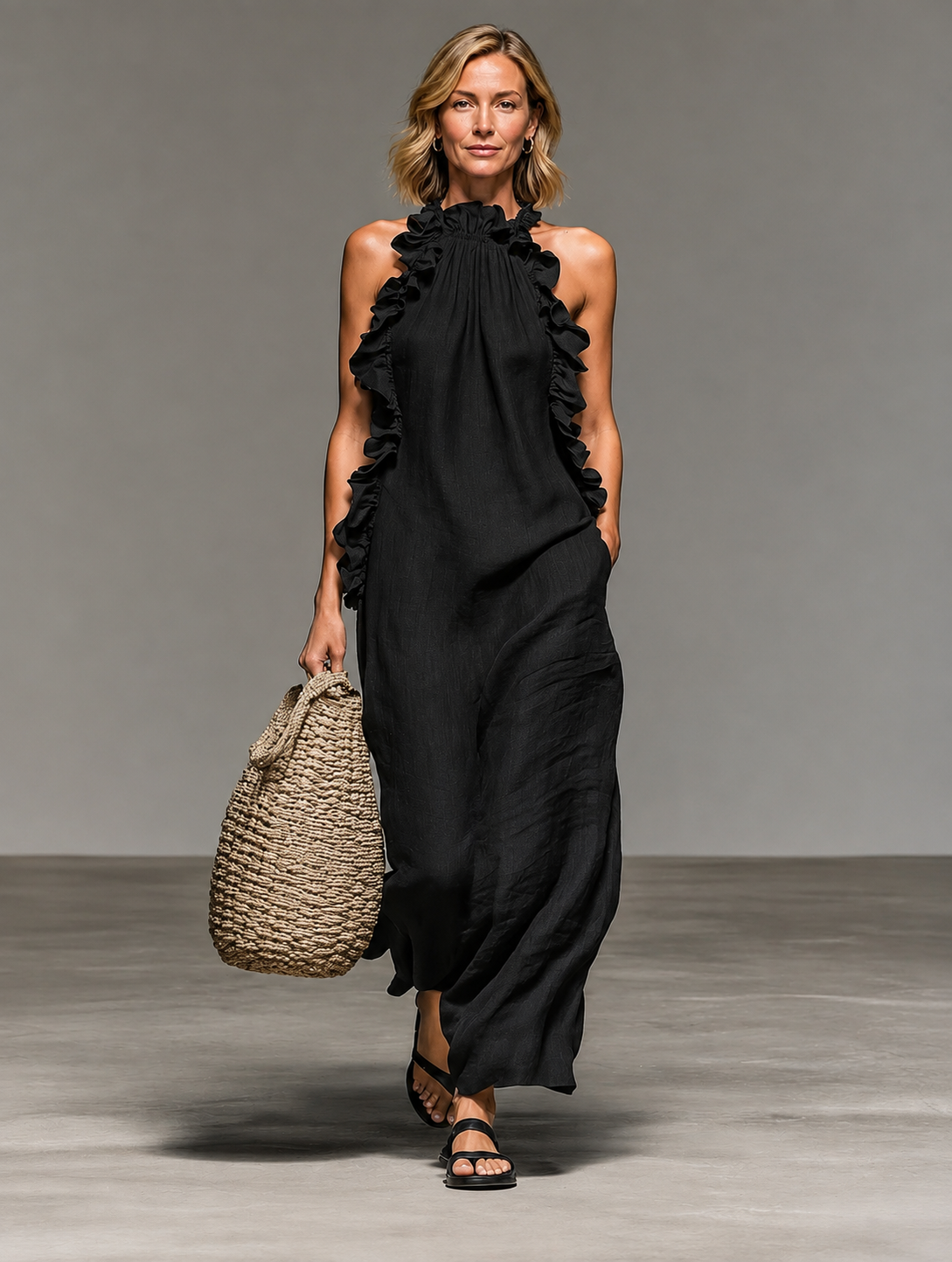 Black sleeveless ruffle maxi dress