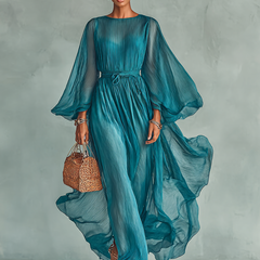 Pleated Sheer-Sleeve Belted Midi Dress for Women