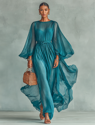 Pleated Sheer-Sleeve Belted Midi Dress for Women