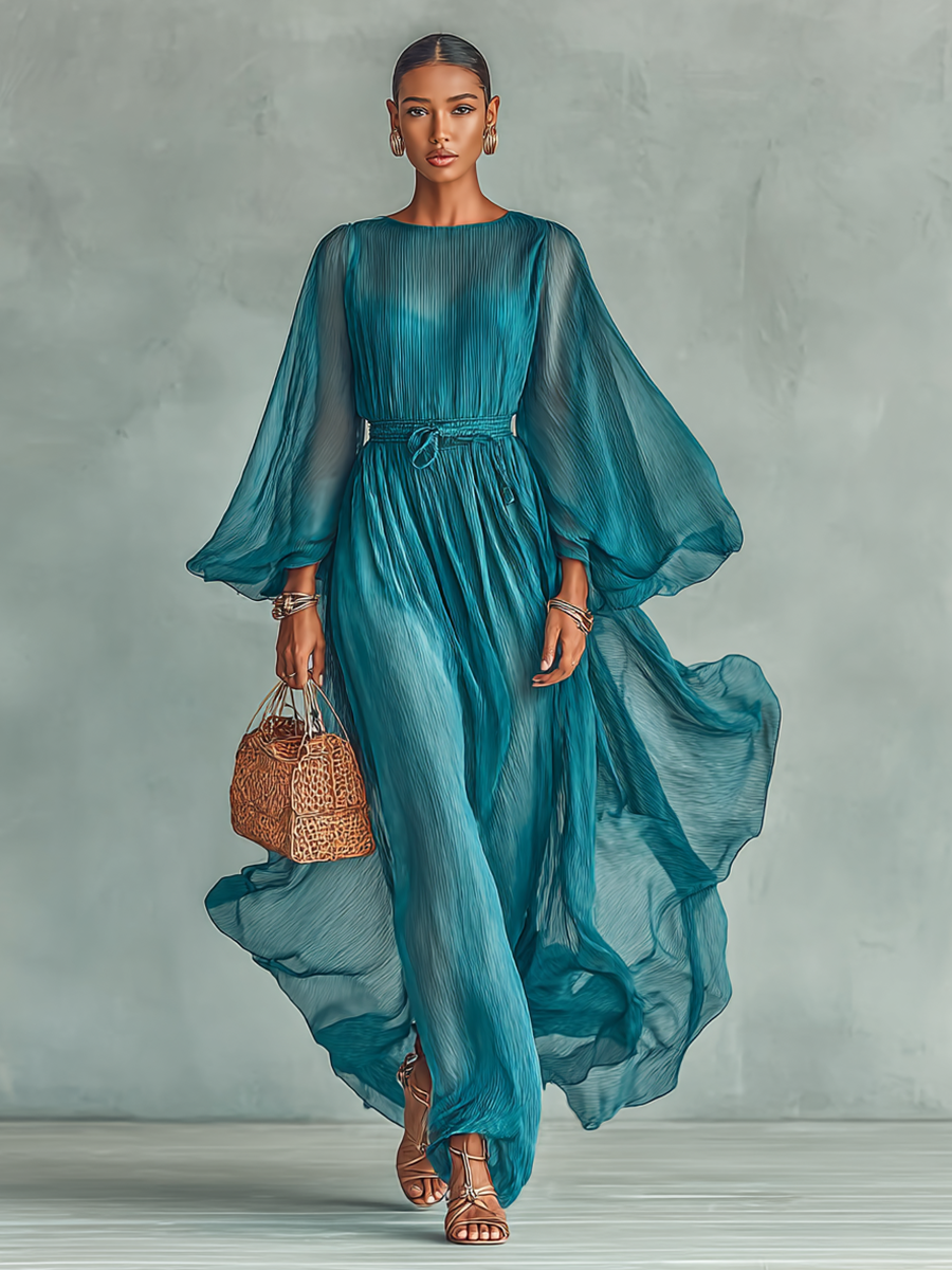 Pleated Sheer-Sleeve Belted Midi Dress for Women