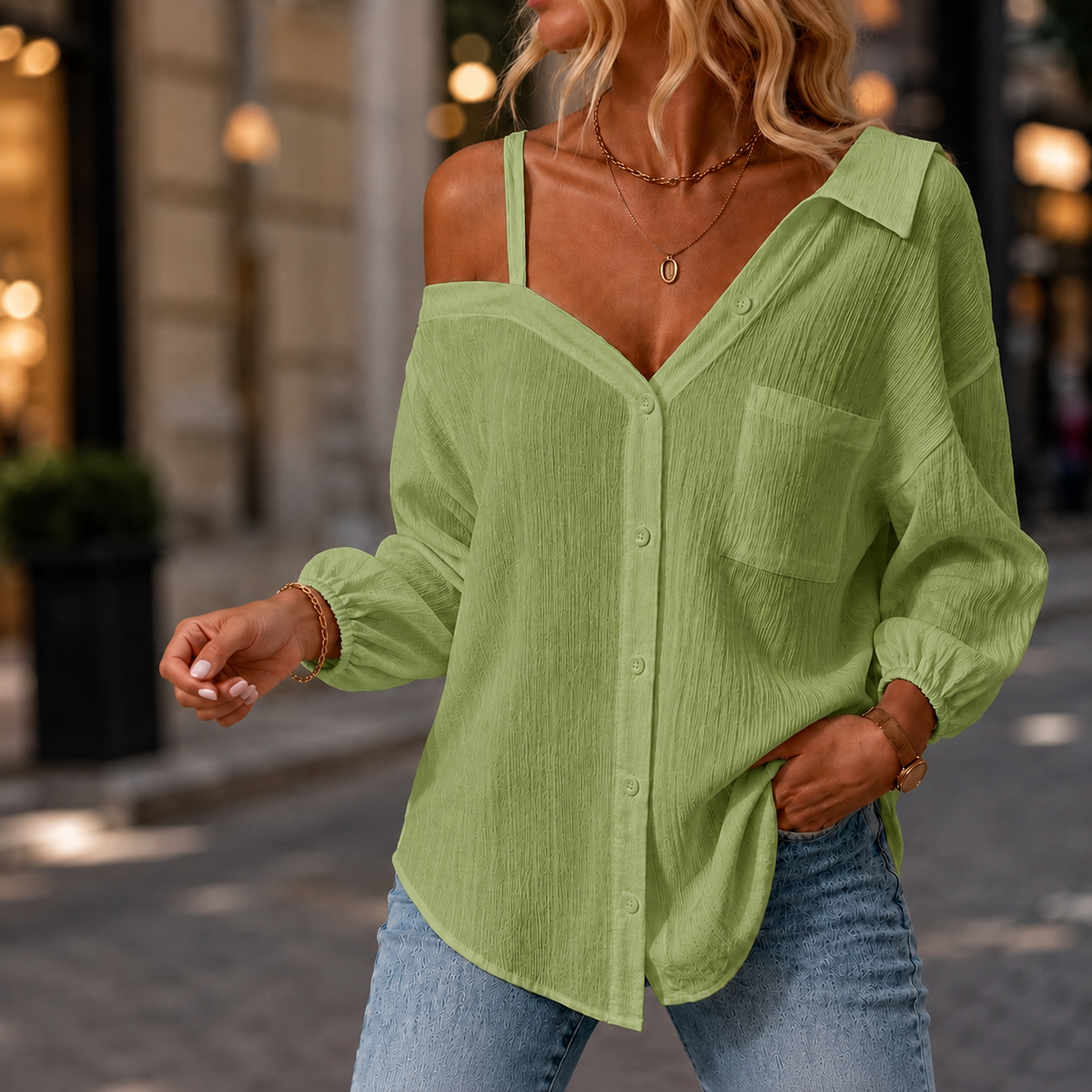 Off-Shoulder Linen Shirt