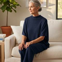 Woman sitting on a sofa in the navy mock neck lounge set