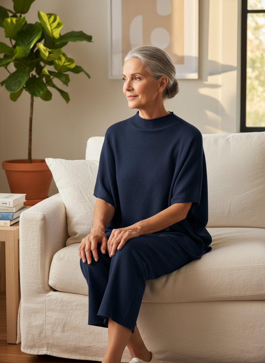 Woman sitting on a sofa in the navy mock neck lounge set