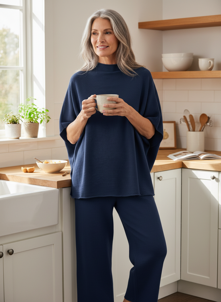 Woman in her fifties wearing the navy mock neck lounge set in a bright kitchen