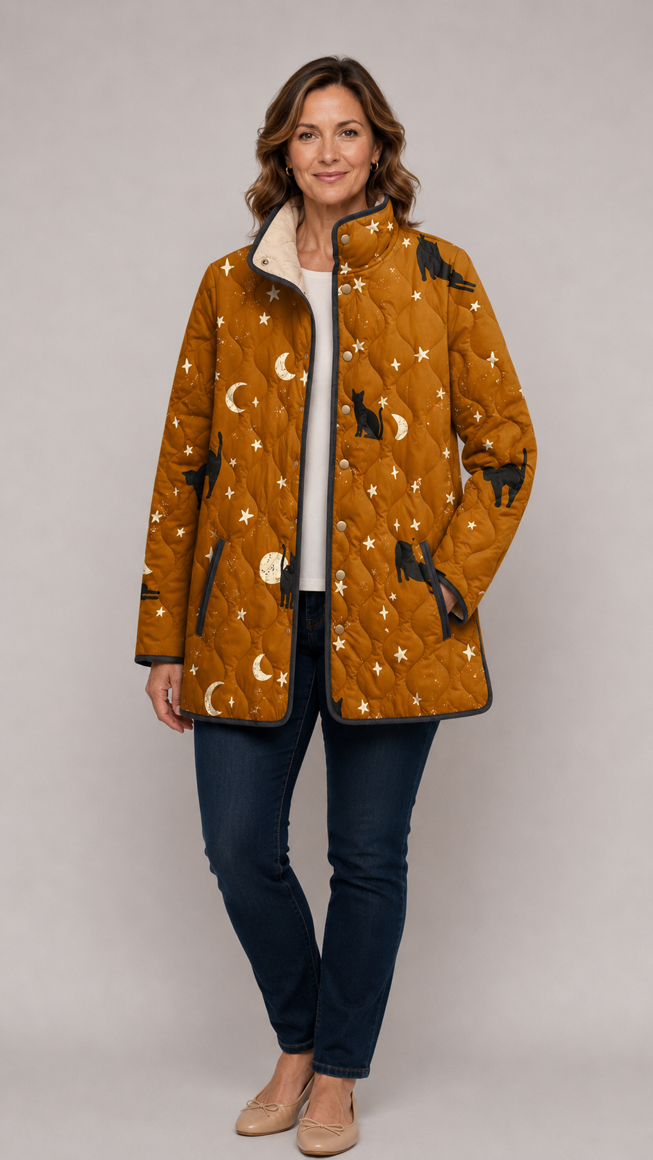 Black Quilted Jacket with Cat Pattern