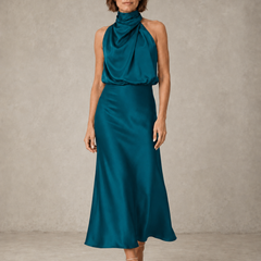 Aqua green halter satin evening dress