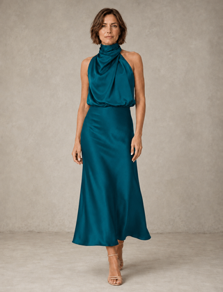 Aqua green halter satin evening dress