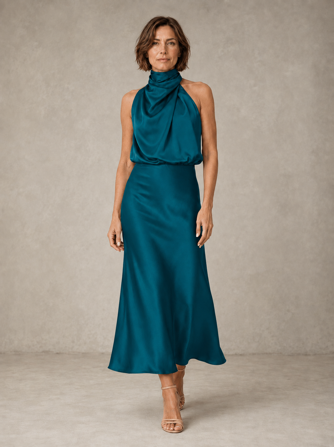 Aqua green halter satin evening dress
