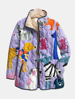 Casual Quilted Jacket with Dog Print