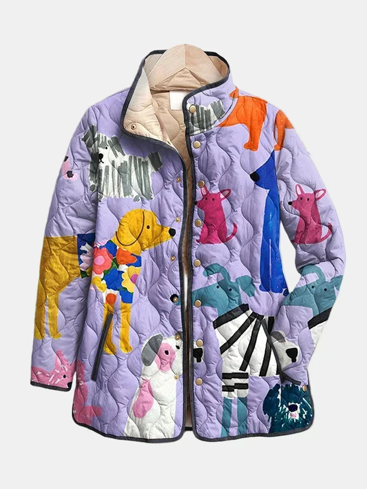 Casual Quilted Jacket with Dog Print
