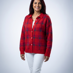 Plaid knit button cardigan in red