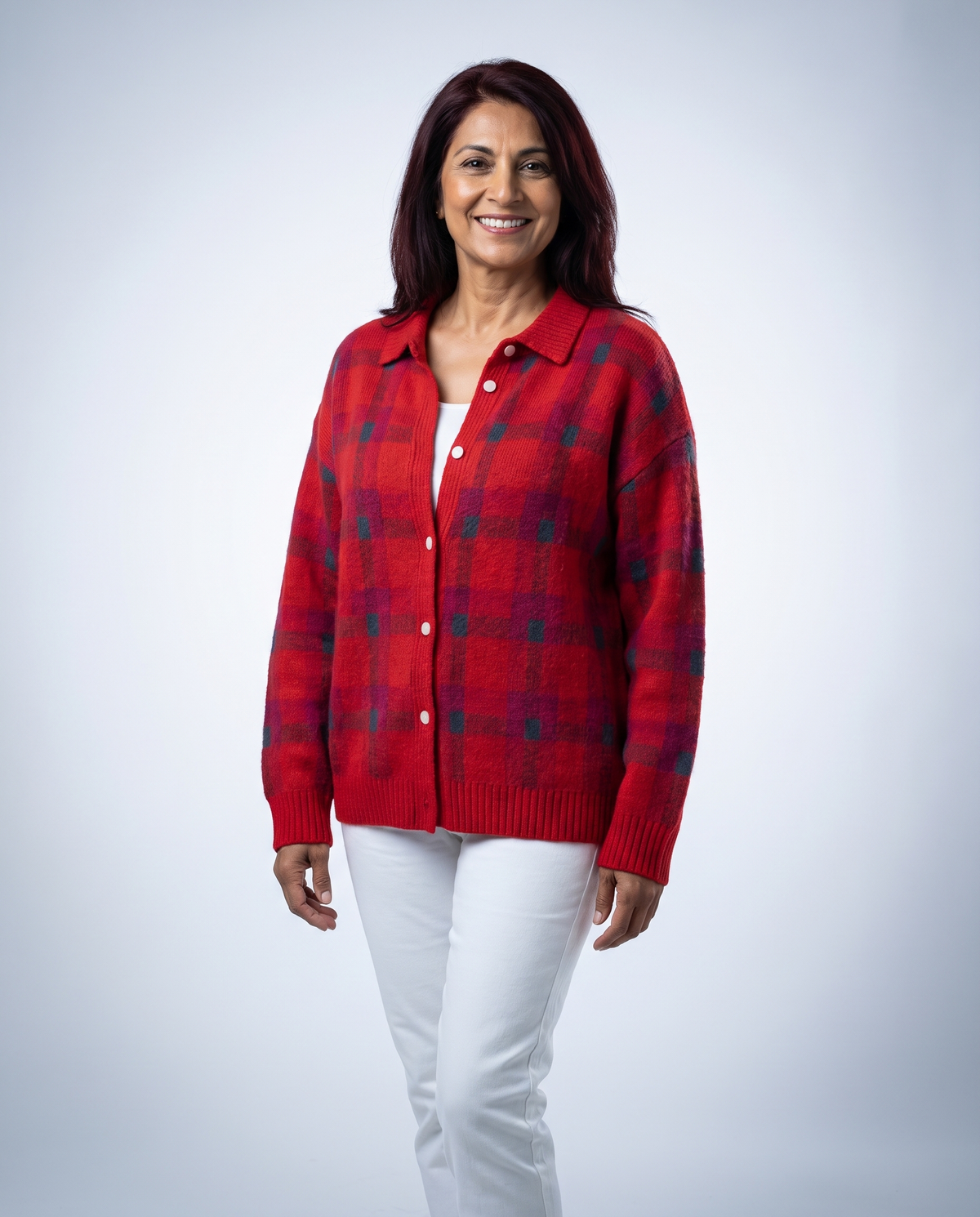 Plaid knit button cardigan in red