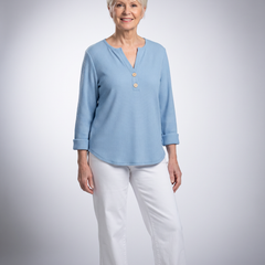 Textured waffle knit button sweater in blue