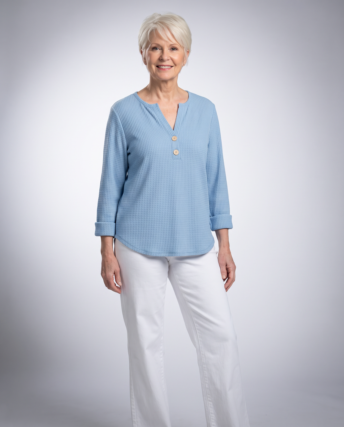 Textured waffle knit button sweater in blue