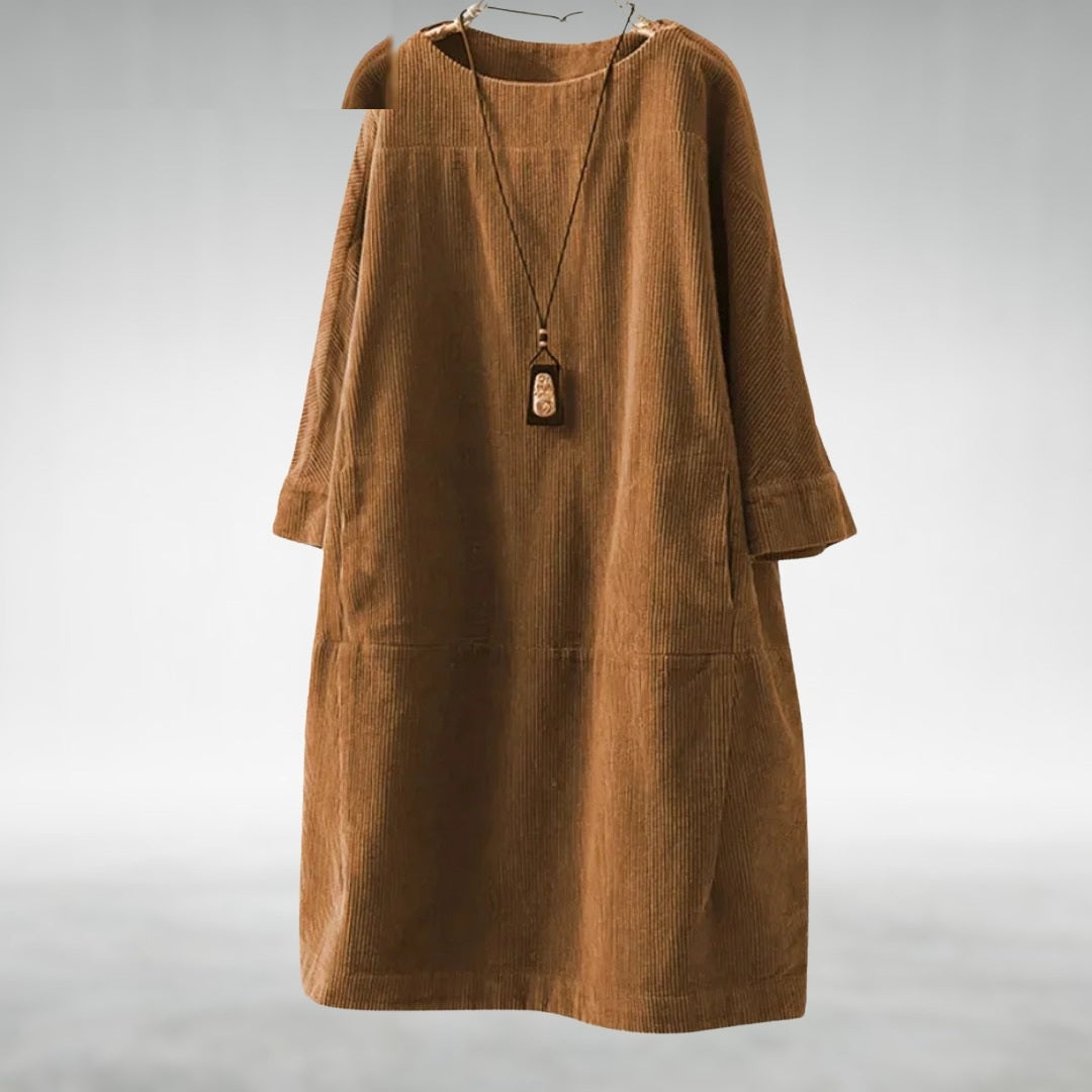 Relaxed corduroy midi dress in brown