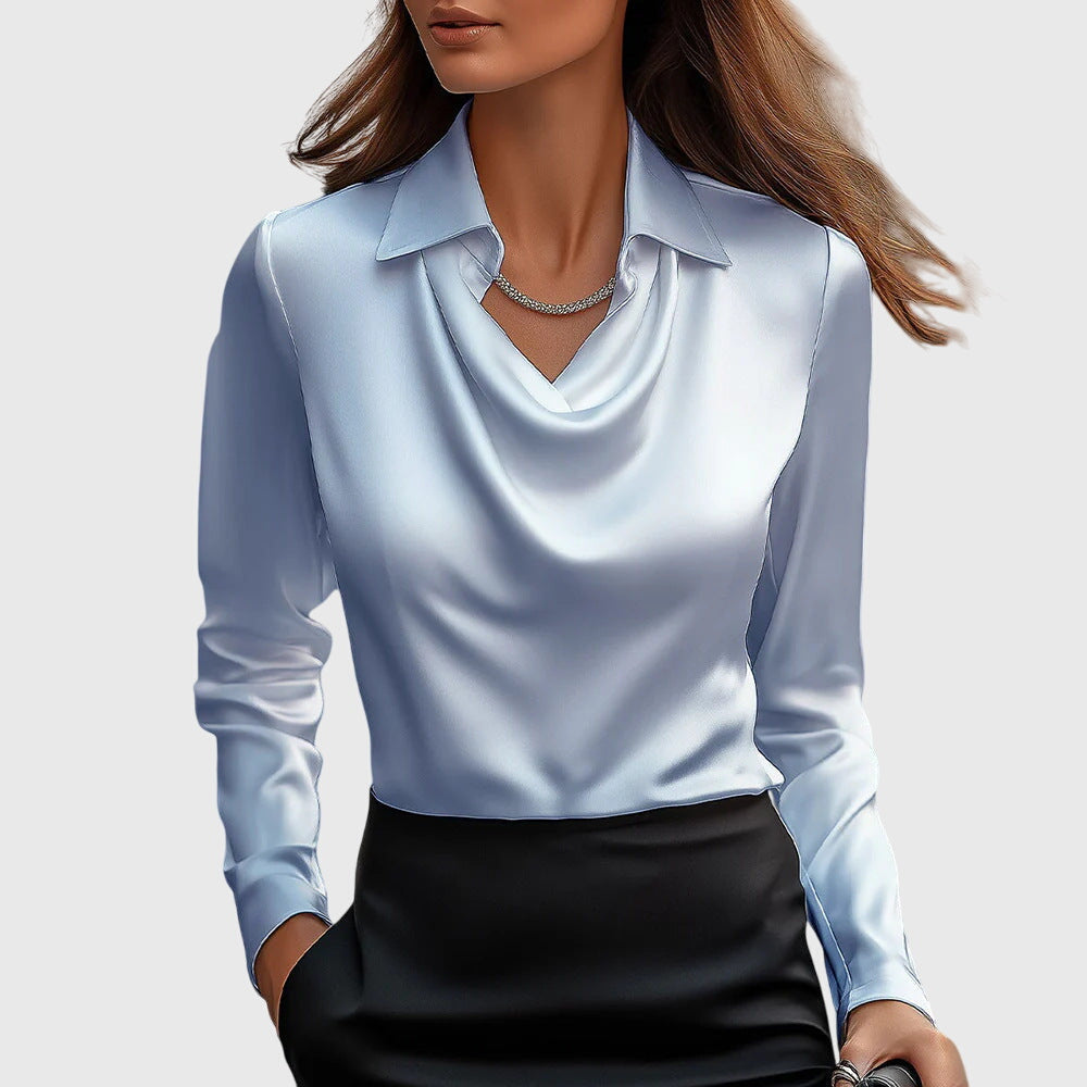 Elegant Satin Cowl-Neck Collared Blouse