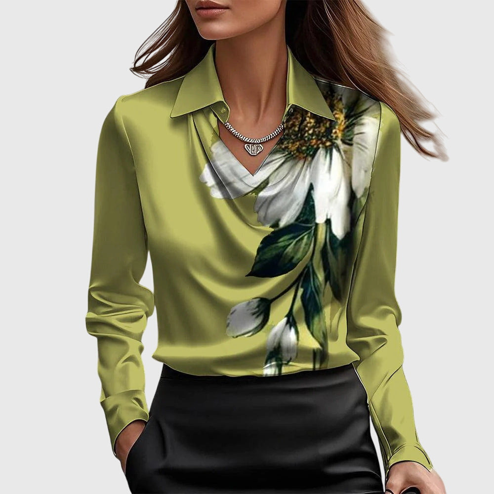 Elegant Satin Cowl-Neck Collared Blouse