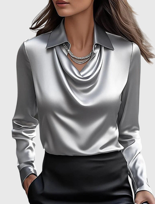 Elegant Satin Cowl-Neck Collared Blouse