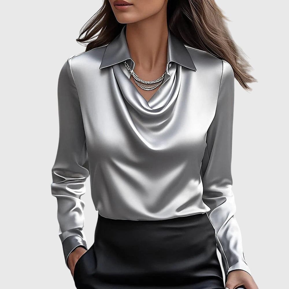 Elegant Satin Cowl-Neck Collared Blouse