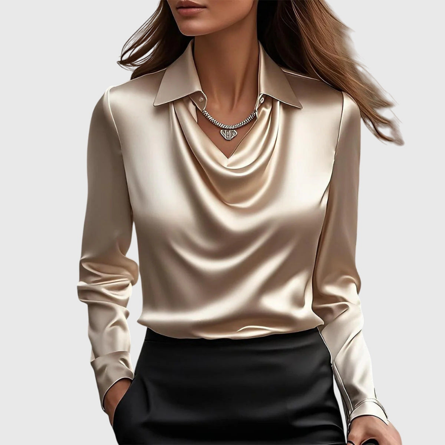 Elegant Satin Cowl-Neck Collared Blouse