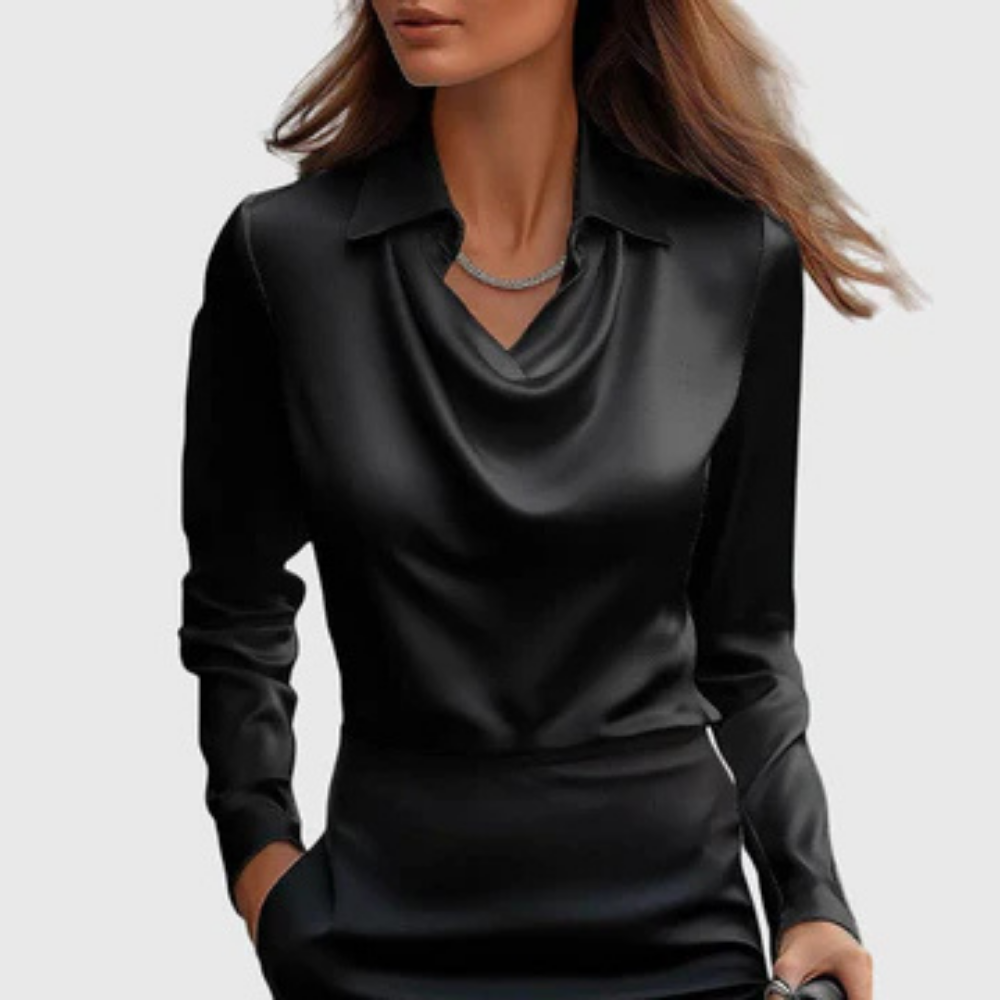 Elegant Satin Cowl-Neck Collared Blouse