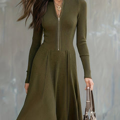 Zip-Front Long-Sleeve Fitted Midi Dress for Women