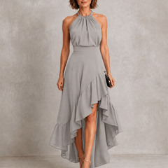 Gray halter maxi dress with ruffle hem