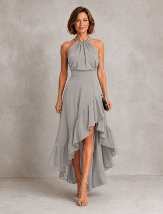 Gray halter maxi dress with ruffle hem